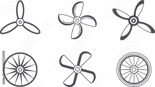 Six different propeller and fan blade in black and line blades editable flat