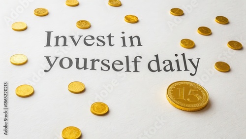 Gold coins scattered on a white surface near the encouraging quote 'invest in yourself daily'