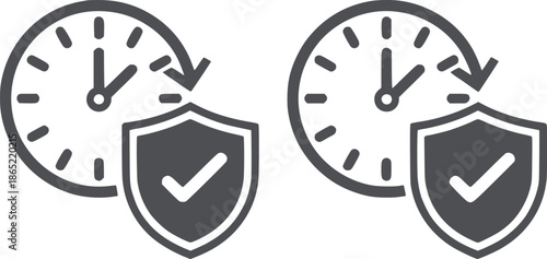 Two clocks with circular arrows pointing to shields with checkmarks in monochrome