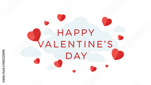 Happy Valentine's Day greeting text surrounded by floating red hearts and soft clouds, conveying love and romantic celebration.
