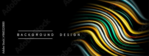 Abstract fluid lines create dynamic wave pattern. Dark background emphasizes vibrant color gradients, modern design element.