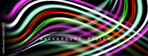 Abstract flowing lines create vibrant background. Neon colors blend, forming dynamic wave pattern. Modern design element.