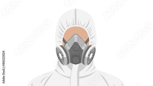Person in a white protective hazmat suit and a grey respirator mask, symbolizing safety, chemical protection, or biohazard prevention.