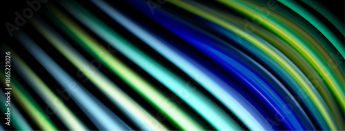 Abstract lines create dynamic, colorful curves. Vivid blues, greens, yellows blend into dark background. Modern digital art.