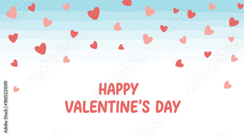 Falling red and pink hearts against a light blue watercolor background with "Happy Valentine's Day" text for romantic greetings.