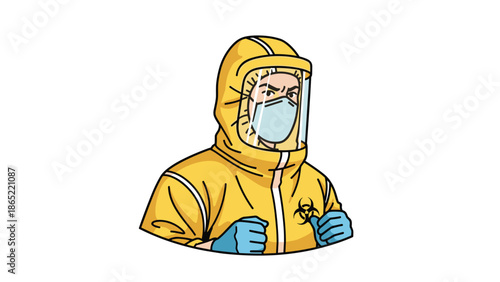 Person in a yellow protective hazmat suit with a face shield and biohazard symbol, indicating contagious disease prevention or risk.