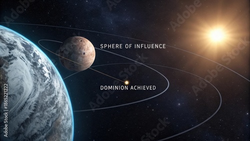 A rocky planet and its orbital path displayed within a vast celestial expanse, representing dominion achieved