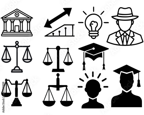 A set of black and white vector icons representing law, education, and innovation