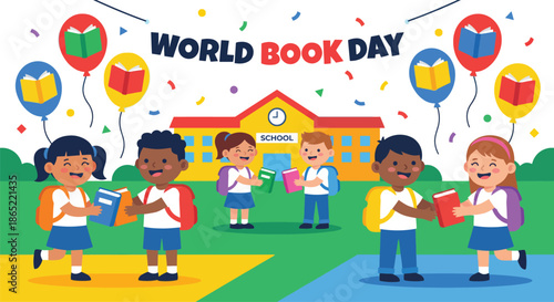 Happy diverse school children celebrating World Book Day with colorful books and balloons in front of school building enjoying reading and education literacy event outdoors for learning fun.