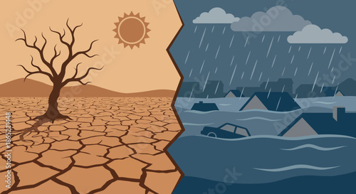 Climate change disaster concept showing contrast between dry drought with cracked earth and dead tree versus heavy rain flood submerging houses in deep water for global warming crisis.