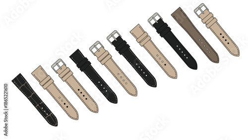 Diagonal arrangement of diverse watch straps in various colors and textures with buckles, showcasing accessory options and style.