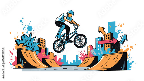 BMX rider aerial trick urban mural vector illustration with bold flat colors and graffiti city background, dynamic youth sports artwork ideal for advertising and branding