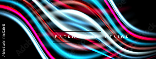 Abstract neon lines create dynamic flow. Bright colors contrast dark background. Modern design element for digital projects.