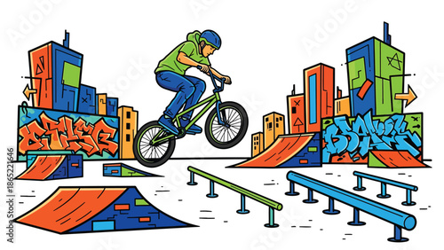 BMX rider aerial trick urban mural vector illustration with bold flat colors and graffiti city background, dynamic youth sports artwork ideal for advertising and branding