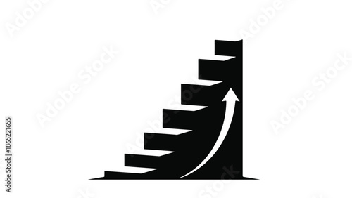 Black staircase with white arrow ascending up steps on plain white background, symbolizing growth, progress, and success in business, career, or personal development