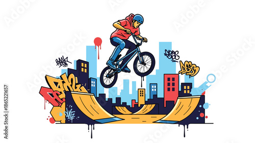 BMX rider aerial trick urban mural vector illustration with bold flat colors and graffiti city background, dynamic youth sports artwork ideal for advertising and branding