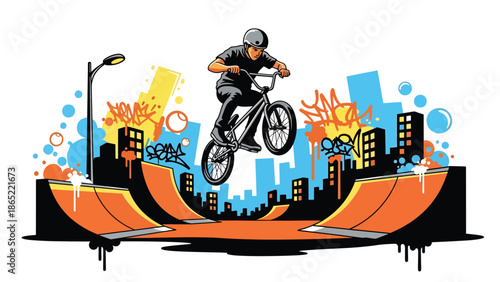 BMX rider aerial trick urban mural vector illustration with bold flat colors and graffiti city background, dynamic youth sports artwork ideal for advertising and branding