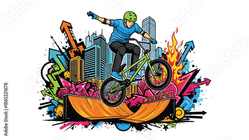 BMX rider aerial trick urban mural vector illustration with bold flat colors and graffiti city background, dynamic youth sports artwork ideal for advertising and branding