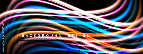 Abstract colorful waves flow across black space. Bright lines create dynamic background design, vibrant energy.