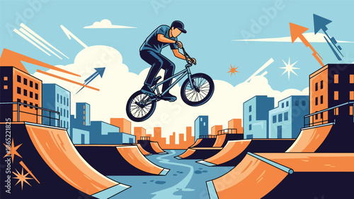 BMX rider aerial trick urban mural vector illustration with bold flat colors and graffiti city background, dynamic youth sports artwork ideal for advertising and branding