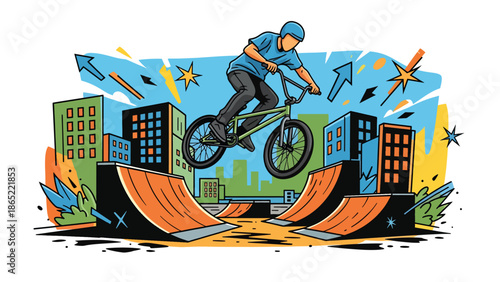 BMX rider aerial trick urban mural vector illustration with bold flat colors and graffiti city background, dynamic youth sports artwork ideal for advertising and branding