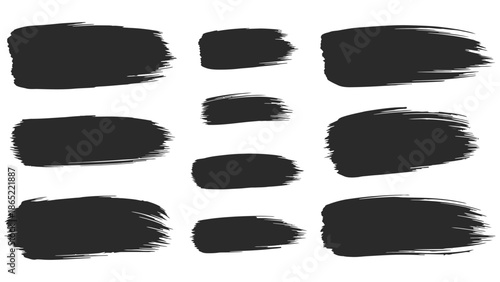 Vector collection of grunge black ink splashes and frames featuring brush paint elements and paper sticker shapes for artistic design illustration