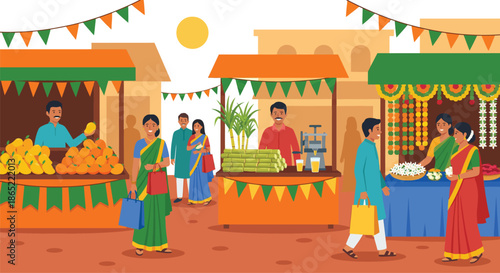 Busy Indian street market with traditional wooden stalls selling fresh mangoes sugarcane juice and flowers to happy people shopping for festival celebration in sunny town bazaar outdoors.