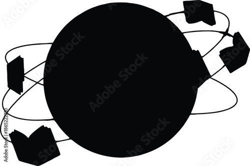 Global education concept with silhouette of earth globe surrounded by orbiting open books representing international knowledge exchange and worldwide literacy for school science study.