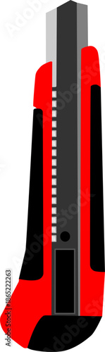 Vector illustration of a red and black retractable utility knife (box cutter) with segmented snap-off blade. Isolated object for office, packaging, construction and DIY themes.