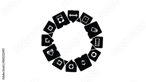 Black and white circular icons of various social media and technology symbols arranged in a circle on a plain white background for modern digital concept