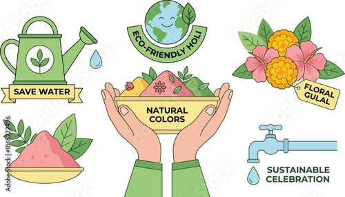 Hands holding natural colors powder bowl for eco friendly Holi festival celebration with floral gulal and save water signs promoting sustainable environment protection and green earth.