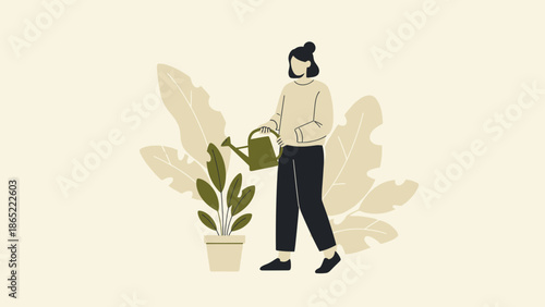 Woman watering houseplants with a watering can, flat illustration style