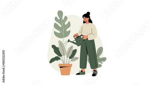 Woman watering houseplants with a watering can, flat illustration