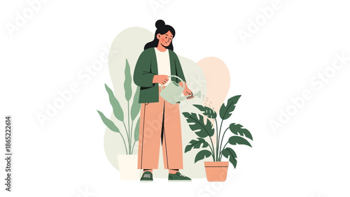 Woman watering houseplants with watering can, home gardening flat illustration