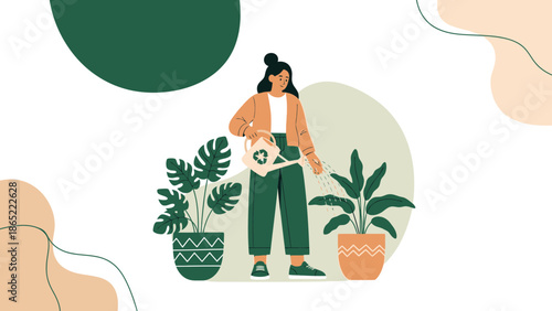 Woman watering houseplants, eco-friendly lifestyle, modern flat illustration