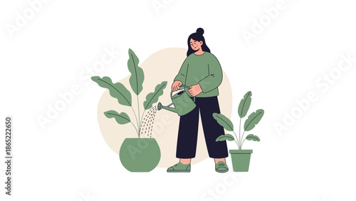 Woman watering houseplants, home gardening, illustration, flat design, plants and growth