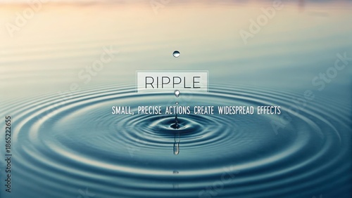 A single water drop creates widespread ripples on a calm water surface
