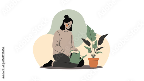 Woman watering indoor plant, home gardening, healthy lifestyle, minimalist illustration