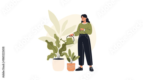 Woman watering houseplants, illustration, home gardening, lifestyle, green plants, potted plants