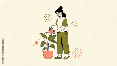 Woman watering plant in pot, home gardening, hobby, lifestyle illustration