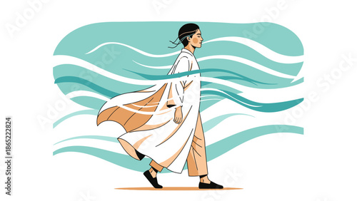 Woman walking confidently against flowing wave background, symbolizing determination and journey