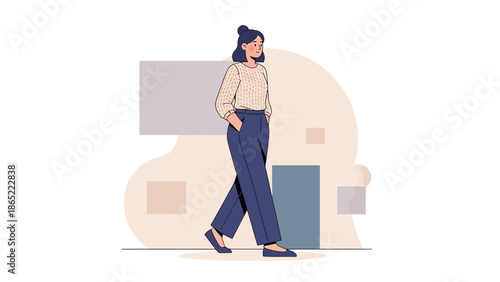 Woman Walking Confidently with Hands in Pockets, Modern Flat Illustration