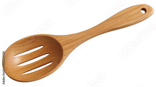 Bamboo slotted spoon kitchen utensil isolated on a transparent background