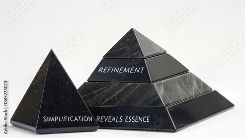 Three perfectly smooth dark stone pyramids with etched text arranged geometrically