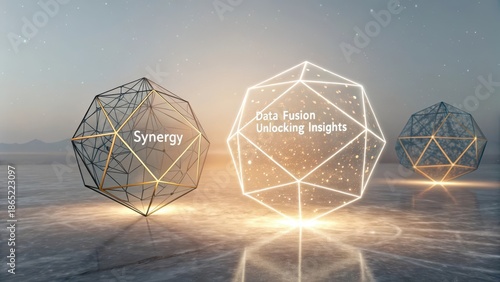 Two illuminated abstract geometric spheres with embedded text about synergy and data fusion, set in a diffused light environment.