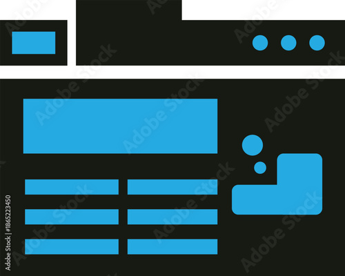 Conceptual graphic design representing the digital interface of a website with content blocks, navigation elements, and visual placeholders against a dark background