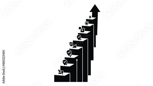 Business growth success concept with ascending stairs and arrow pointing upwards in black and white