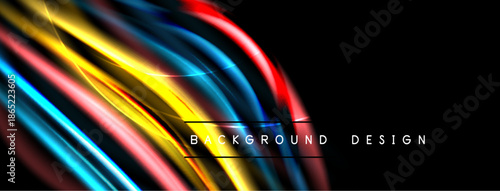 Abstract flowing lines create vibrant, dynamic background. Colors blend, forming wavelike shapes against dark space. Modern design element.