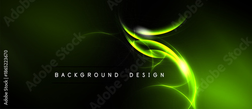 Abstract green energy flow. Dynamic curves create luminous effect over dark backdrop. Modern design element for digital projects.
