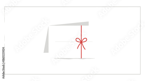 White blank gift card securely wrapped with a red string and a small bow, featuring a subtle shadow for elegant gifting.
